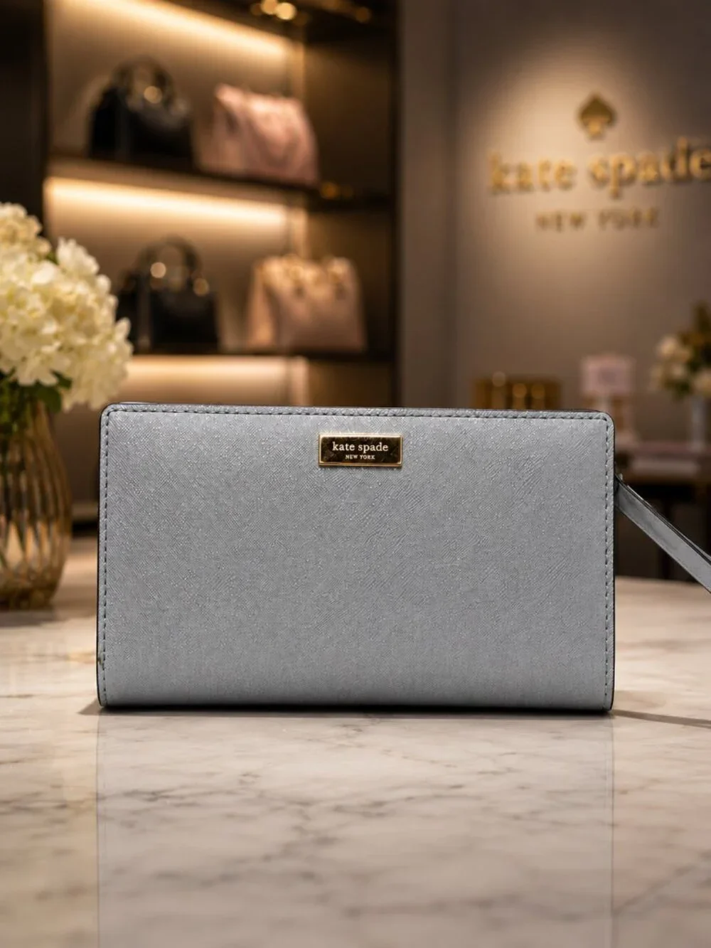 kate spade Silver Saffiano Wristlet Wallet
